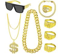8 Pcs Costume de Proxénète, Déguisement Années 80 Homme,Or de Dollar Collier,Lunettes de Soleil,80 90 Hommes Costume Hip Hop Chaîne En or Hommes Gangster Gang Pour Rappers,Carnaval et Fête à Thème