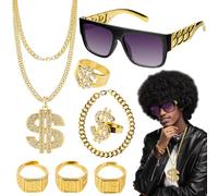 8 Pcs Costume de Proxénète, Déguisement rappeur 80s 90s Homme, Costume hip hop avec lunettes de soleil dorées - Collier, bracelet et 5 anneaux dorés pour Rappers,Carnaval et Fête à Thème