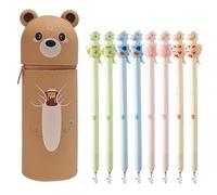 8 PCS Stylo Gel Rétractables Dinosaure Noirs (0,5mm Séchage Rapide) + Trousse à Stylos Ourson 3D Silicone Mignon - Cadeau Parfait pour l'École ou le Bureau (4 Couleurs)