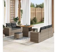 8-Piece Modular Outdoor Patio Sofa Set, Grey Poly Rattan Garden Furniture with Acacia Wood Table and Cushions, Waterproof All-Weather Sectional Conversation Set for Terrace, Backyard, Poolside