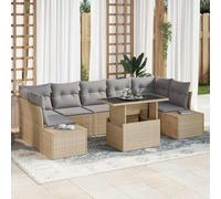 8-Piece Outdoor Patio Furniture Set, Beige and Light Gray Poly Rattan Sofa Sectional with Adjustable Tempered Glass Coffee Table, Modular Garden Terrace Seating for Relaxing and Entertaining