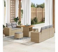 8-Piece Outdoor Patio Sofa Set, Beige and Light Grey Modular Garden Furniture with Acacia Wood Table, Waterproof Poly Rattan Sectional Couch for Terrace, Poolside, Relaxation and Entertainment