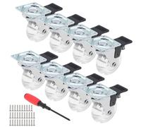 8 pièces 50mm PU Cristal Universal Frein Roue pour chariot/armoires/commode avec 32 pièces 304 vis en acier inoxydable, outil de tournevis, roue rouleuse transparente sans bruit (Transparent, 50 mm)