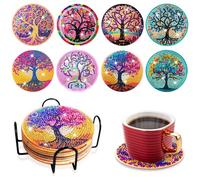 8 Pièces 5D DIY Dessous de Verre Peinture Diamant avec Support,Dessous Verre Liege Fleur de Vie,Multicolore Diamond Painting Art,Dessous de Verre Design,pour Adultes Enfants Débutants