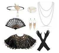 8 Pièces Accessoire Gatsby Femme, Accessoire Annee 20 Charleston Femme, Mode Roaring 20's Theme Set, 1920 Accessories avec Châle Noir et Or, éventail Pliant, Bandeau, Longs Gants Noirs pour Les Fêtes