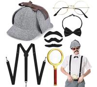 8 Pièces Accessoires de Costume de Détective, Annee 20 Sherlock Déguisements Accessoire avec Chapeau Bretelles en Y Lunettes Moustache Loupe pour Enfants Adultes Carnaval Cosplay Mascarade