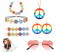 8 Pièces Accessoires Hippie pour Femmes, Ensemble de Costume Hippie, Déguisements Hippies Femme, Années 70 80 Accessoires Hippies pour Soirées Thème de Carnaval Disco