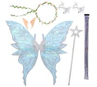 8 pièces Ailes de Fée Adulte Déguisement Fée Femme Fille Papillon Costume Princesse Oreille Elfe Couronne Fleur Cheveux Pinces à Cheveux Papillon pour Fête Anniversaire Halloween Noël (Argenté)