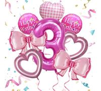 8 Pièces Ballon Anniversaire 3 Ans Fille Decoration Anniversaire Fille Ballon Rose Fushia Noeud Ballons Coeur Rose pour Fêtes d'anniversaire, Fêtes Princesses, Baby Shower (3 Ans)