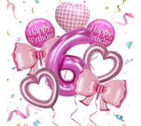 8 Pièces Ballon Anniversaire 6 Ans Fille Decoration Anniversaire 6 Ans Fille Ballon Rose Fushia Noeud Ballons Coeur Rose pour Fêtes d'anniversaire, Fêtes Princesses, Baby Shower