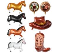 8 Pièces Ballons Cowboy, Chevaux Gonflables et Déco Anniversaire Western | Aluminium multicolore; 4 chevaux de 80 cm, chapeau, botte et 2 ballons recto verso pour anniversaire western et fond photo