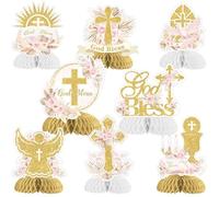 8 Pieces Baptism Honeycomb Centerpieces for Girls, Pampas Grass Baptism Table Decorations, Boho First Holy Communion Christening Party Supplies
