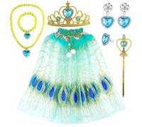 8 Pièces Cape en tulle Princesse Paon avec Couronne Baguette Magique Collier Bracelet Bague Boucles d'oreilles Costume d'halloween Vêtements Fête d'anniversaire Cosplay de Carnaval pour 5-10 Ans