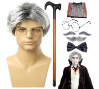 8 Pièces Costume De Grand-père Adulte Homme - Perruque Grise, Barbe, Sourcils, Canne, Lunettes, Moustache, Nœud Papillon Et Bonnet, Accessoires Pour Homme Halloween, Noël Et Le Cosplay (C)