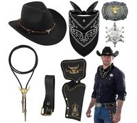 8 Pièces Cowboy Costume Accessoires Set, Marron Cowboy Fancy Dress Kit avec Chapeau Bandana Insigne Ceinture Collier Vintage pour Adulte Hippie Carnaval Cosplay (Noir)