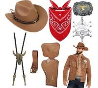 8 Pièces Cowboy Costume Accessoires Set, Marron Cowboy Fancy Dress Kit avec Chapeau Bandana Insigne Ceinture Collier Vintage pour Adulte Hippie Carnaval Cosplay (Marron)