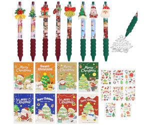 8 pièces de stylos à bille rétractables de Noël, 8 notes adhésives de Noël, 8 autocollants de Noël, set de papeterie de Noël, motif de dessin animé de Noël, pour les cadeaux, les fêtes et les