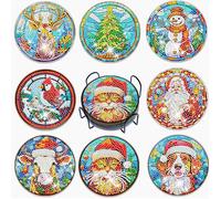 8 Pièces Dessous de Verre Diamond Painting Noël, Diamond Painting Dessous de Verre avec Support, Décoration de Table pour L'artisanat, Cadeau de Noël, pour Tasses, Verres à Vin, Cuisine Domestique