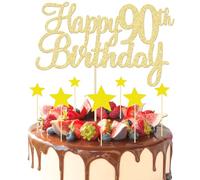 8 Pièces Dor Décoration de Gâteau 90e Anniversaire, 1 Garniture de Gâteau 90e Anniversaire et 7 Garnitures de Gâteau Étoile, Décoration de Gâteau 90 Ans pour 90e Anniversaire Fournitures de Fête