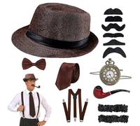 8 pièces/ensemble 1920 accessoires pour hommes rétro 1920 ensemble de tenue pour hommes comprenant un nœud papillon à café, des bretelles, un chapeau, une montre, une barbe et plus encore pour les ac