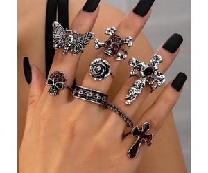 8 pièces Ensemble de bagues gothiques vampires, bagues croix sanglante et crâne (pour femmes) Taille UniqueAlliage de zinc