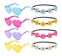 8 Pièces Ensemble de Costume Hippie,Lunettes Hippie Couronne Tournesol Bandeau,Couronner Fleur Cheveux Feuille Guirlande Florale,60s 70s Deguisement Hippie Accessoires de Fête pour Fille Femmes Hommes