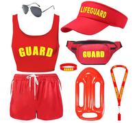 8 Pièces Ensemble de Costumes de Baywatch, Set de Accessoires Déguisement de Sauveteur avec Gilet Short Planche Gonflable Sac Lunettes Sifflet Bracelet pour Homme Femme Plage Piscine Halloween Cosplay