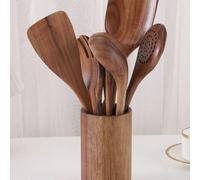 8 pièces Ensemble d'ustensiles de cuisine en bois Cirelle, cuillère à soupe, fourchette à salade, grande cuillère à riz, cuillère à fente, spatule, support d'ustensiles, usage en cuisine, essentiels d