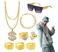 8 Pièces Kit de Costume Hip Hop, Costume de Proxénète, 80s 90s Accessoires de Rappeur, Hip Hop Chaîne en Gangster Gang Lunettes de Soleil Chaîne, Colliers en Dollars, pour Carnaval et Fête à Thème