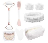 8 Pièces Kit Massage Gua Sha, Gua Sha Visage Quartz Rose, Gua Sha Pierres, Roller Massage, Brosse Contour du Visage, Bandeau, Trousse de Maquillage, Massage pour Visage Cou Muscles