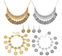 8 Pièces Monnaie Doré Bracelet Belly Dance Jewelry Set Boucles D'oreilles Bracelet Collier Style Vintage Accessoires de Style Bohème pour La Danse du Ventre Dress Up, Fête de Carnaval(Or, Argent)