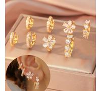 8 pièces/set Boucles d'oreilles créoles dorées simples avec des designs de cœur et de fleur, ornées de cubic zirconia cubiques classiques, convenant pour le port quotidien des filles et les cadeaux Ta