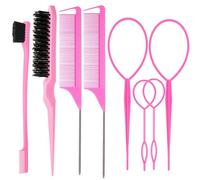 8 Pièces Set de Peigne et Brosse à Taquiner Professionnel - Inclut Brosse à Soies Naturelles, Peigne Queue de Rat et Barrette Française pour Coiffure Femme(Rose)