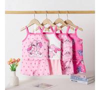 8 pièces/Set Short à bretelles tricoté pour bébé fille pour le printemps/été, ensemble pyjama mode avec blocs de couleurs imprimés de lapins et de cœur en fuchsia rose, tenue essentielle pour la maiso