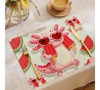 8 Pièces Sets De Table Salamandre De Dessin Animé 3D, Sets De Table Pastèque Mignonne, Rose Clair Tissu Rectangulaire Napperons en Lin Lavables pour Cuisine Manger Fête Dîner Décoration, 45X30Cm
