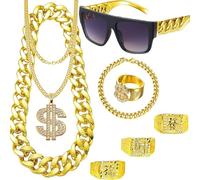 8 Pouces Déguisement Rappeur, Chaine Or Homme, Accessoire Annee 80/90, Hip Hop Chaîne en or Hommes Gangster Gang Lunettes de Soleil Chaîne pour Concerts de Rap