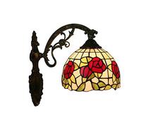 8 Pouces Tiffany Style Applique Murale, Rose Rouge Floral Vitrail Abat-jour Lampe Murale Pastorale Main Verre Teinté Antique Base Rétro Lampe Murale pour Salon Salle à Manger Chambre à coucher Couloir