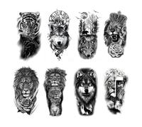8 Sheets Waterproof Temporary Tattoos For Men Women Animal Lion Tiger Bear Tattoo Stickers Wolf Crown Body Art Arm Fake Tatoo