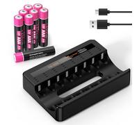 (8 Slots Chargeur+8AAA) Chargeur de Piles Rechargeables + 8PCS Piles AAA Rechargeables Puissantes, avec USB Ports pour Accus AA/AAA/Ni-MH