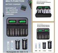 8 Slots Chargeur AA AAA Piles C D Batterie rechargeable, Chargeur de batterie USB intelligent multifonction LCD