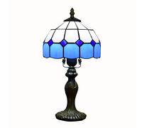 8" Stained Glass Nightstand Table Lamp, Living Room Bedroom Bedside Lamp,Reading Desk Lamp,Small Accent Lamp,Multicolor Shade,Blue Grid