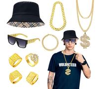 8-teiliges Hip-Hop-Kostümzubehör-Set, 80er/90er Jahre, klobiges Rapper-Rocker-Kostümset mit Dollarzeichen-Ring, Halskette, Armband, Brille für Männer und Frauen, Disco-Mottoparty, Ankleideparty