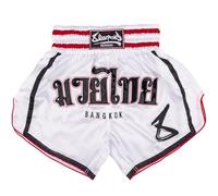 8 WEAPONS Short de muay thaï Bangkok, blanc/noir, pantalon de kickboxing pour entraînement et compétition, short thaï en polyester, respirant, durable, pantalon de sport de combat pour MMA, K1, boxe