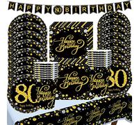 80 Ans Vaisselle Noir Or, Femme Homme Fête Anniversaire avec Assiettes, Serviettes, Gobelets, Nappe, Bannière, Décor pour Adultes (16 Invités)