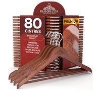 80 Cintres en Bois Adulte pour Chemises Pantalons Manteaux et Vêtements - RealGruccia Cintre Couleur Marron Foncé avec Barre et Encoches Antiglisse Crochet Pivotant à 360° - 22x45cm
