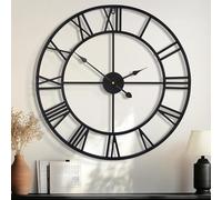 80 cm Grande horloge murale surdimensionnée moderne ronde en métal noir silencieuse presque sans tic-tac à piles chiffres romains horloges pour salon, chambre à coucher, décoration de cuisine - 80 cm