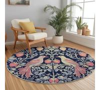 80 cm Tapis de Salon Rond à Poils Courts Sol Doux et Confortable, Oiseau William Morris Fraise Bleu Foncé Rose Imprimé Antidérapant Tapis Décoratif Rond pour Salon Chambre