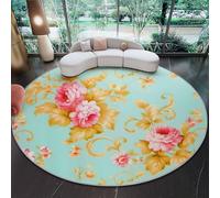 80 cm Tapis Rond Rétro Plantes Fleurs, Bleu Jaune Imitation Cachemire Douce Tapis Circulaire Imprimé Antidérapant Lavable pour Salon Chambre Cuisine Salle à Manger
