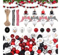 80 pièces de perles de Noël avec 10 visages mignons différents, perles rondes en bois imprimées bonhomme neige avec écharpe en ficelle pour décoration bracelets, pendentifs