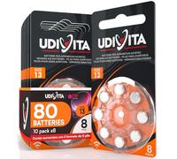 80 Piles Auditives Taille 13 Udivita PR48 (Orange) Zinc-Air Hearing Evolution Technologie Phono Pulse - 10 Blisters de 8 Piles